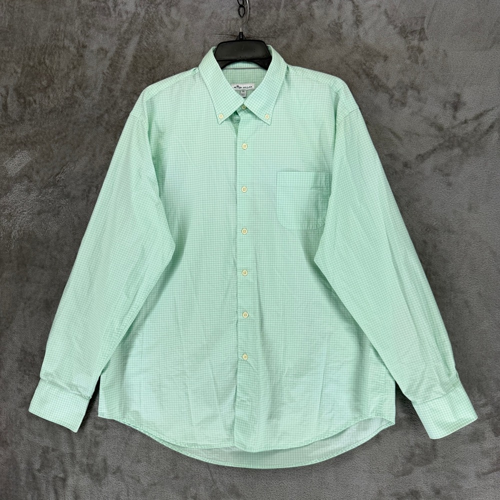 Peter Millar Shirt Mens XL Green Gingham Button-Down Long Sleeve Stretch EUC